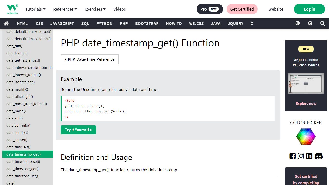 PHP date_timestamp_get() Function - W3Schools