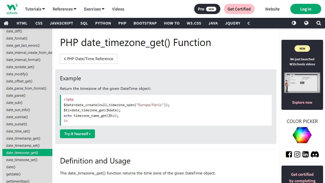 PHP date_timezone_get() Function - W3Schools